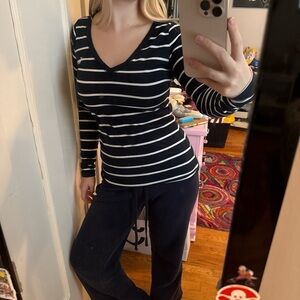 Abercrombie & Fitch Navy and White Striped Long Sleeve Tee